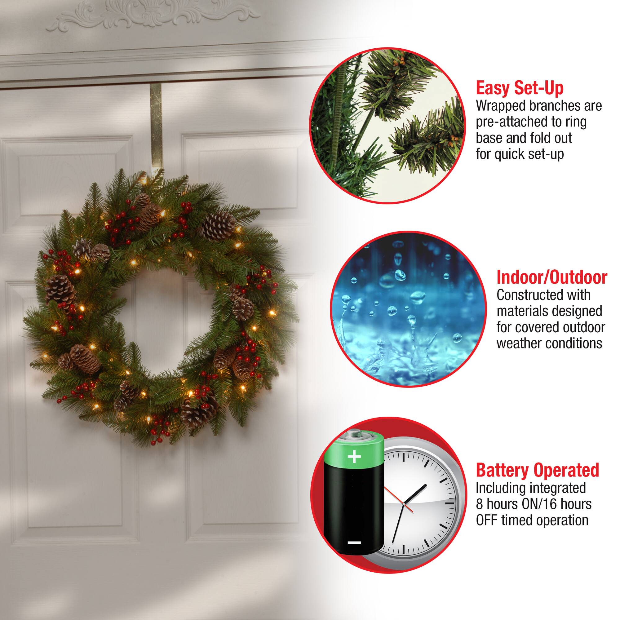 24" White LED Bristle Berry Wreath